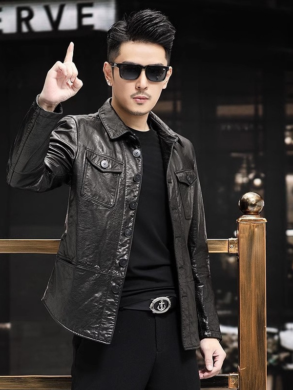 Áo khoác da bò thật dáng jacket biker nam cổ ve áo, nhiều túi khóa kéo — đen