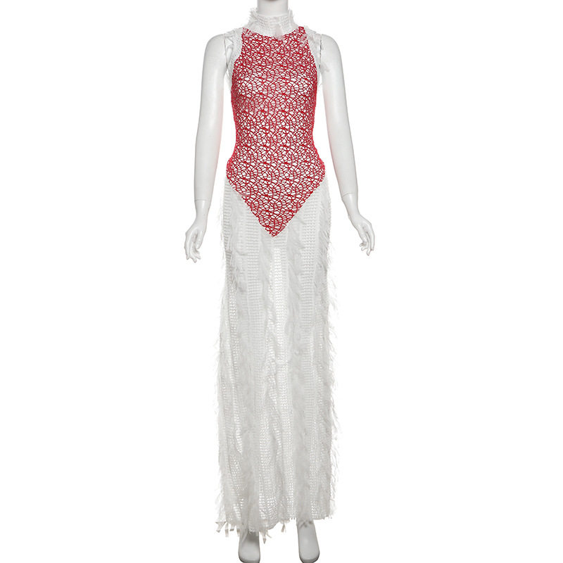 Summer Womens Dress Sleeveless Backless Fringe Sheer Color Block Trendy Style for Parties and Events Wholesale