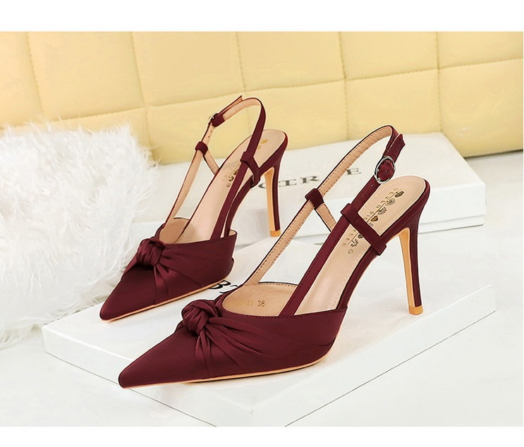 Giày cao gót nữ mũi nhọn gót nhọn 9cm mặt lụa satin thắt nơ phong cách dự tiệc — Màu đen, Màu đỏ rượu, Màu sâm panh, Màu xanh da trời