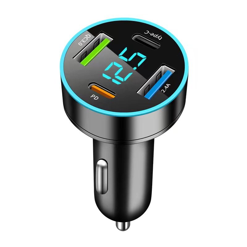 The new digital display car charger 4usb 66W fast charge PD mobile phone charging head a drag four with halo car charger