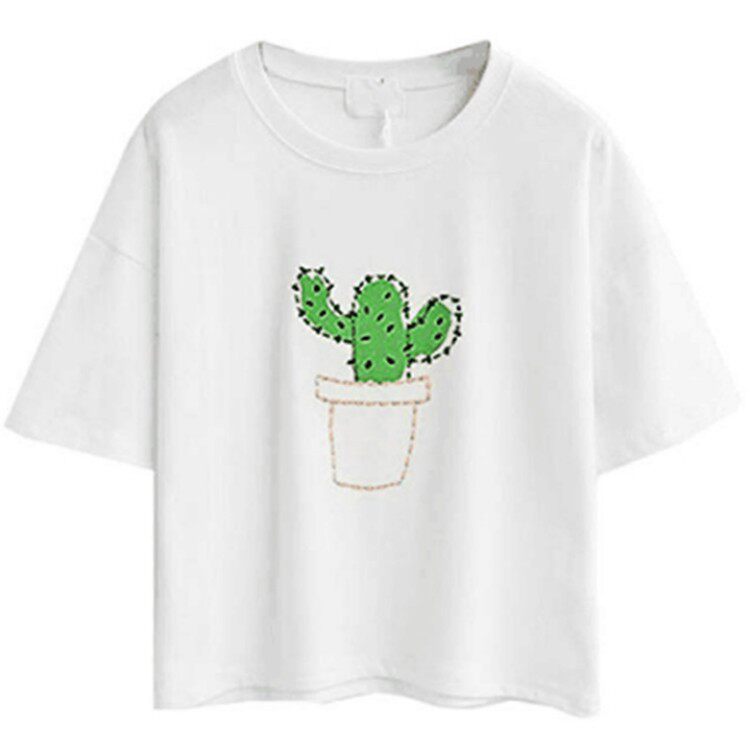 Cotton Crop Top Short Sleeve Cactus Embroidery Minimalist Design Summer Casual Wear Wholesale Available