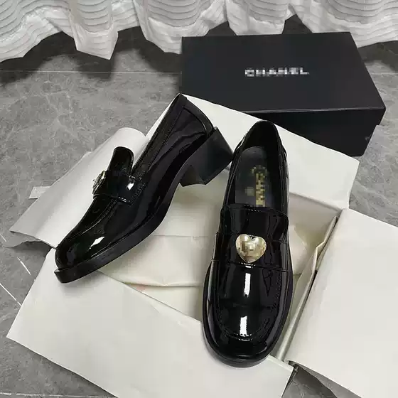 23 New Style Chanel Style Loafers Women's Thick Heel High Heel Leather Rhombic Love Buckle Single-layer Shoes Thick-soled British Leather Shoes