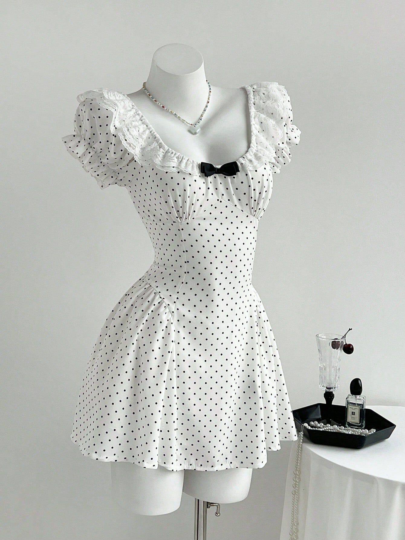 Polka Dot Puff Sleeve Dress with Bow Tie Summer Style Waist Defined Casual Wear Ready to Ship Low MOQ