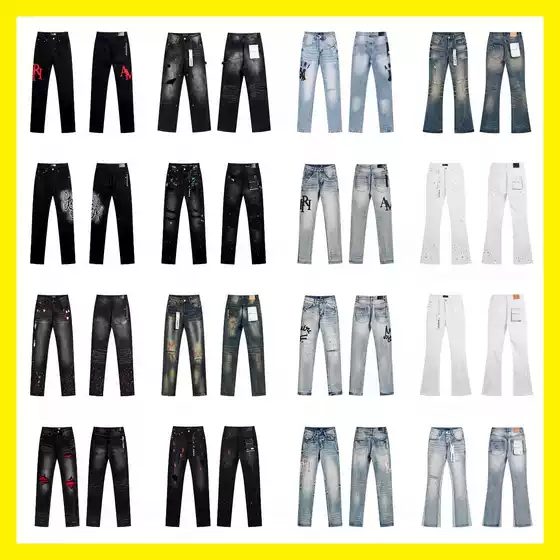 Purple Ink-Splattered Print Trendy High Street Retro Ripped Casual Fashion Denim Flared Long Pants with Tapered Legs Brand