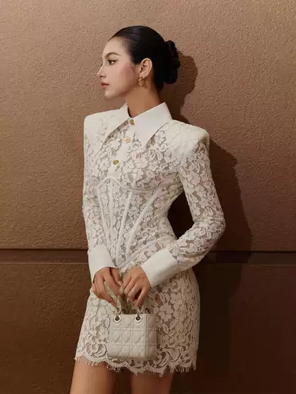 French Elegant Palace-Style Short Skirt 2026 Summer New Style V Neck Embroidered Cut Out Lace Splicing Dress for Women