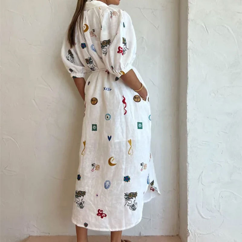 White Printed Lapel Shirt Dress with Tie Spring Collection Womens Fashion Wholesale Available