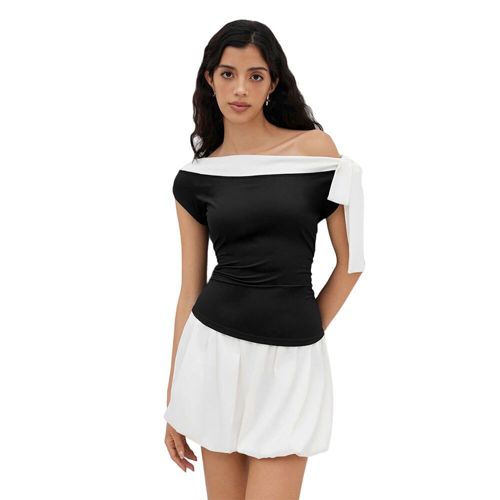 Elegant Black and White Color Block Sleeveless Top Slim Fit Off Shoulder Bow Tie Detail Perfect for Casual or Evening