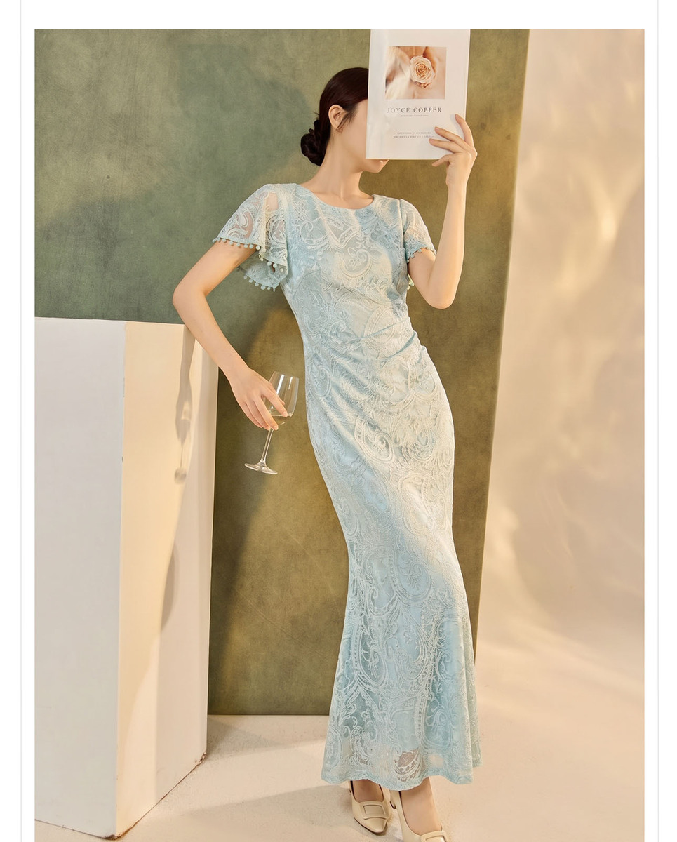 Đầm dài nữ dáng ôm đuôi cá cổ tròn tay ngắn họa tiết hoa — Vàng mơ
