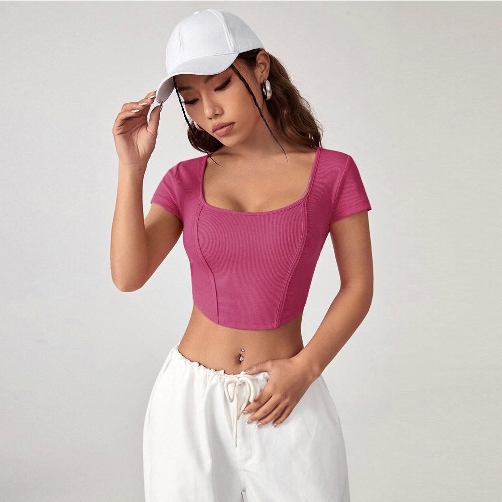 Irregular Square Neck Knit Short Sleeve T Shirt Slim Fit Short Length Stylish Design Casual Wear for Women OEM