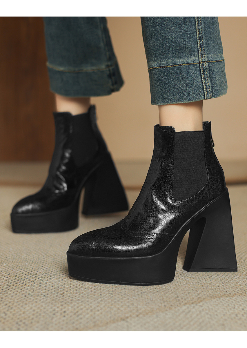 Boot nữ cổ thấp gót thô mũi nhọn phong cách Chelsea — Màu đen lót một lớp, Màu đen lót nhung, Màu nâu lót một lớp, Màu nâu lót nhung