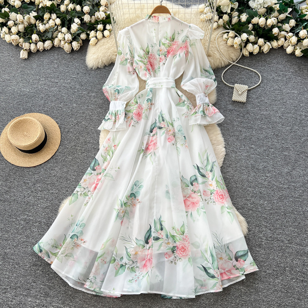 French Romantic Floral Print Long Sleeve V Neck Tie Waist A Line Dress for Women Elegant Spring Fashion Wholesale