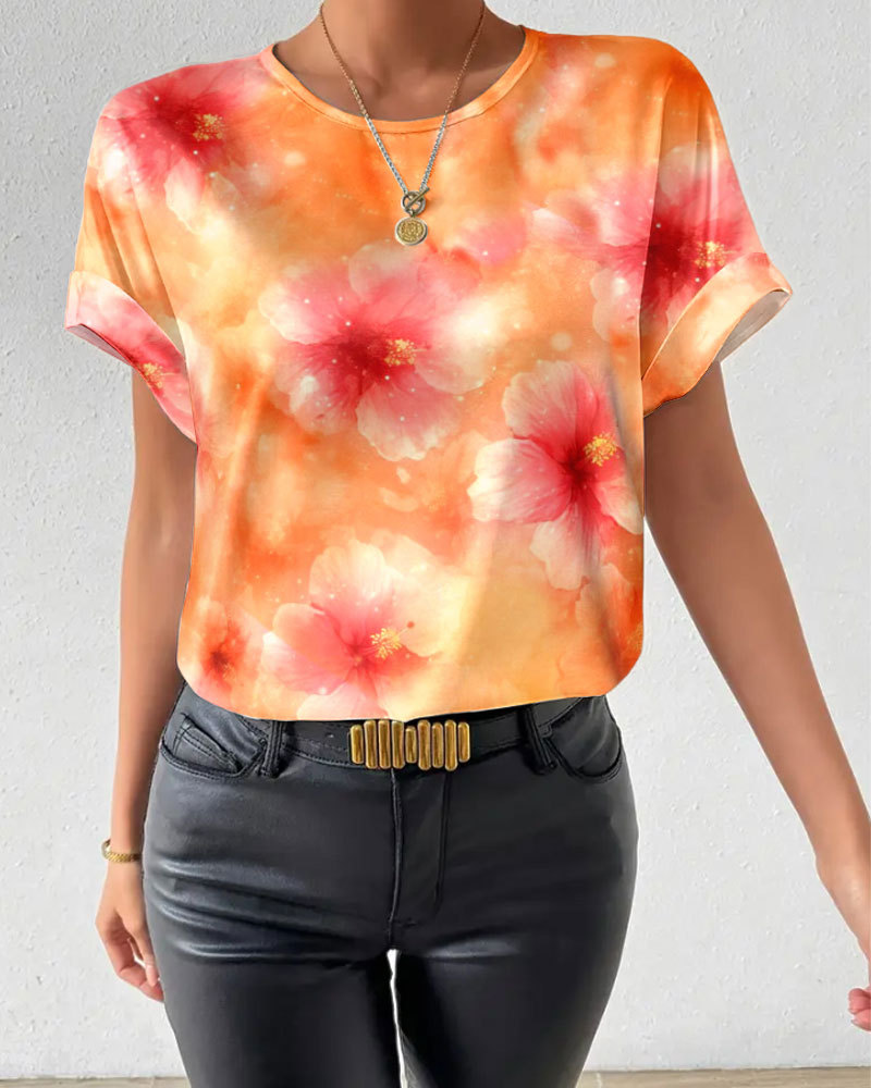 Tie Dye Floral Print Short Sleeve Top Round Neck Casual Style Fashionable Design Wholesale Available