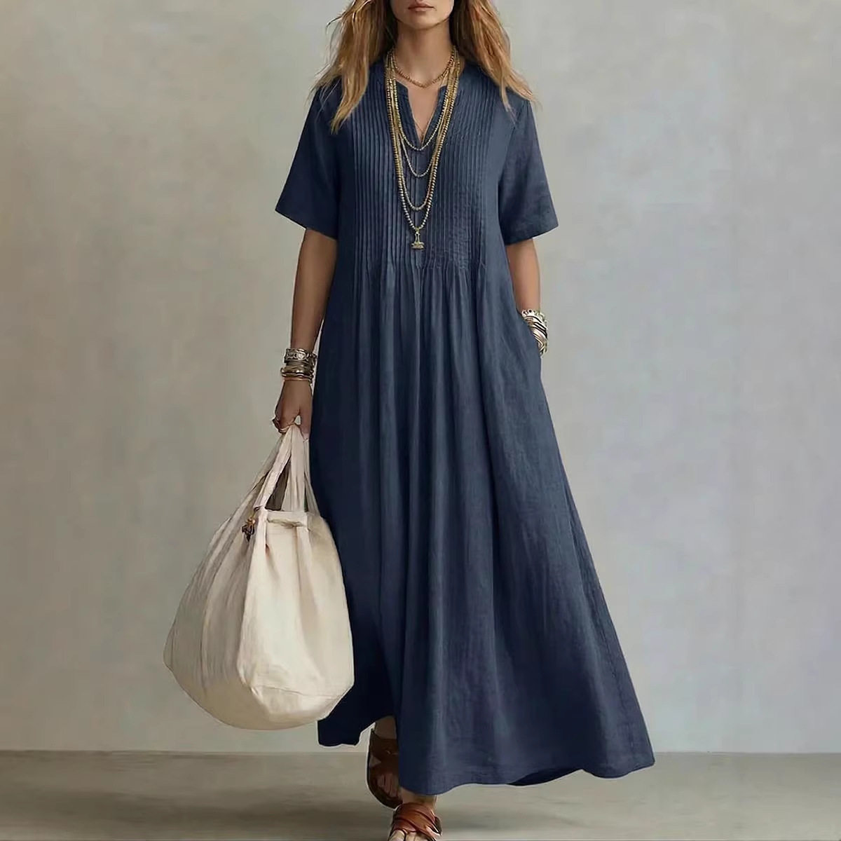 Casual Vacation Style Womens Maxi Dress Solid Color V Neck Long Sleeve Summer Collection Wholesale Available