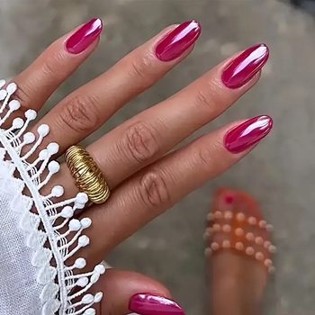 Cross-Border Amazon Popular Oval Rose Red Electroplated Aurora Wearable Nails Removable Finished Products Wholesale