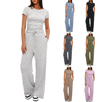 2024 Europe and America Amazon New Solid Color Casual suit Pleated Short Sleeve Top High Waist Wide Leg Pants Sportswear