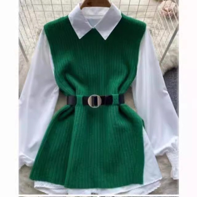 2025 Early Spring New Suit for Women Korean Style Slim Mid-Length Shirt Lace-Up Waist Knitted Vest Two-Piece Set for Women