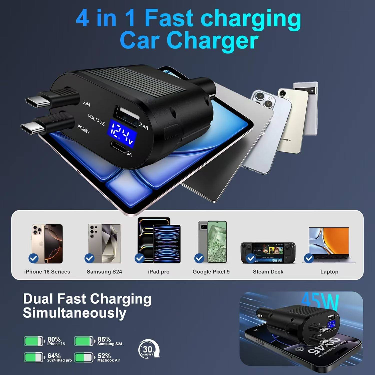 New Private Model Car Charger with Built-In Retractable Cable, 120W Fast Charging, 4-in-1 Adapter, High Current for Car Use