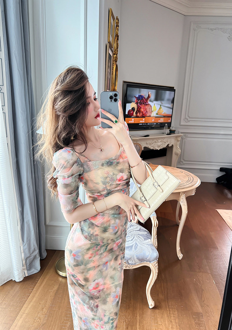 Đầm maxi nữ thắt eo cổ vuông họa tiết hoa retro Pháp — [Xanh lá] chi tiết 3