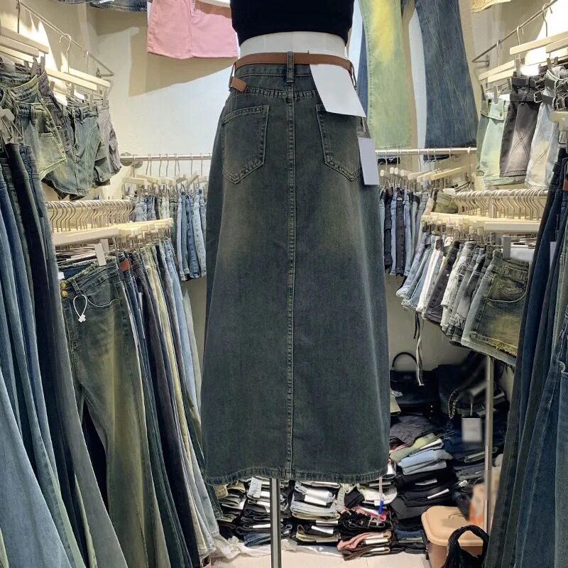 High Waisted Denim Skirt Long Loose Fit Side Slits Two Pockets Spring Fall Fashion Wholesale Available