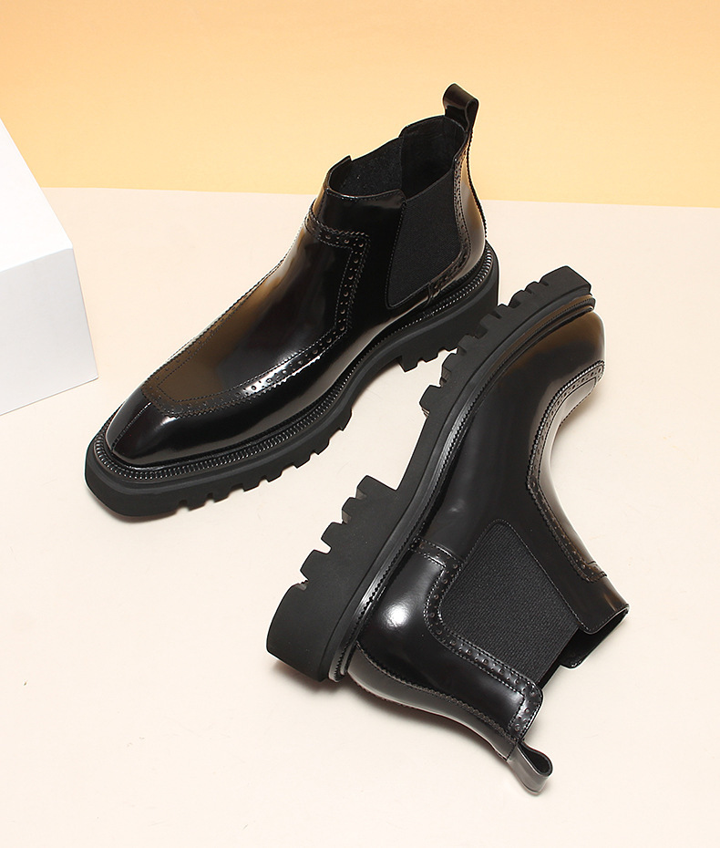 Boot Chelsea nam da bò thật mũi nhọn đế dày tăng chiều cao giữ ấm — Màu đen lót da, Màu nâu lót nhung, Màu nâu lót da