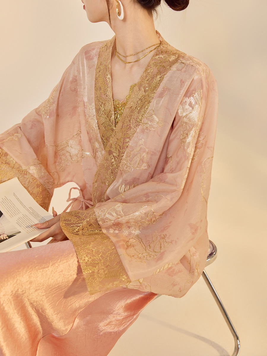 Áo khoác nữ dáng rộng thêu họa tiết thắt dây phong cách thanh lịch — Bột tạo khói (Giao hàng trong 7 ngày)