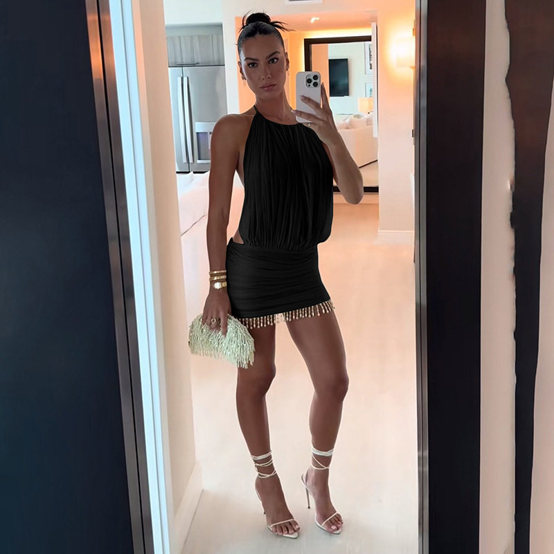 Summer Womens Bodycon Dress Sleeveless Halter Neck Fringe Detail Color Block Casual Party Wear Wholesale