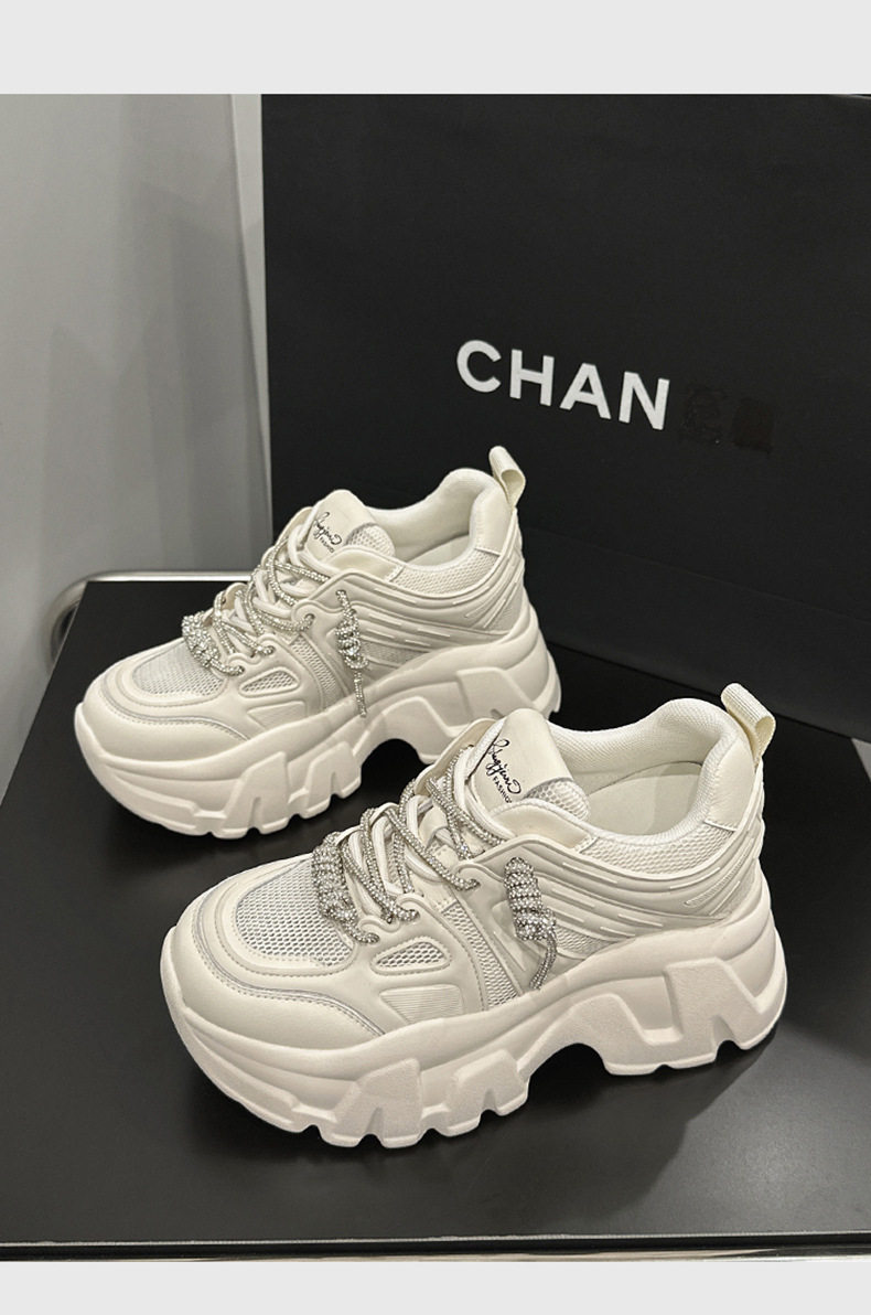 Giày sneaker nữ chạy bộ mesh thoáng khí đế cao 6-8 cm, mũi tròn, dây buộc — Len thuần, Ka ki chi tiết 12