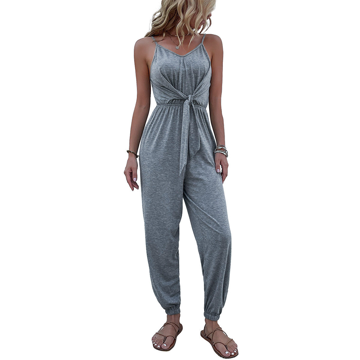 Summer Gray Jumpsuit Stylish Solid Color Sleeveless Design Comfortable Fabric Perfect for Casual Outings Wholesale