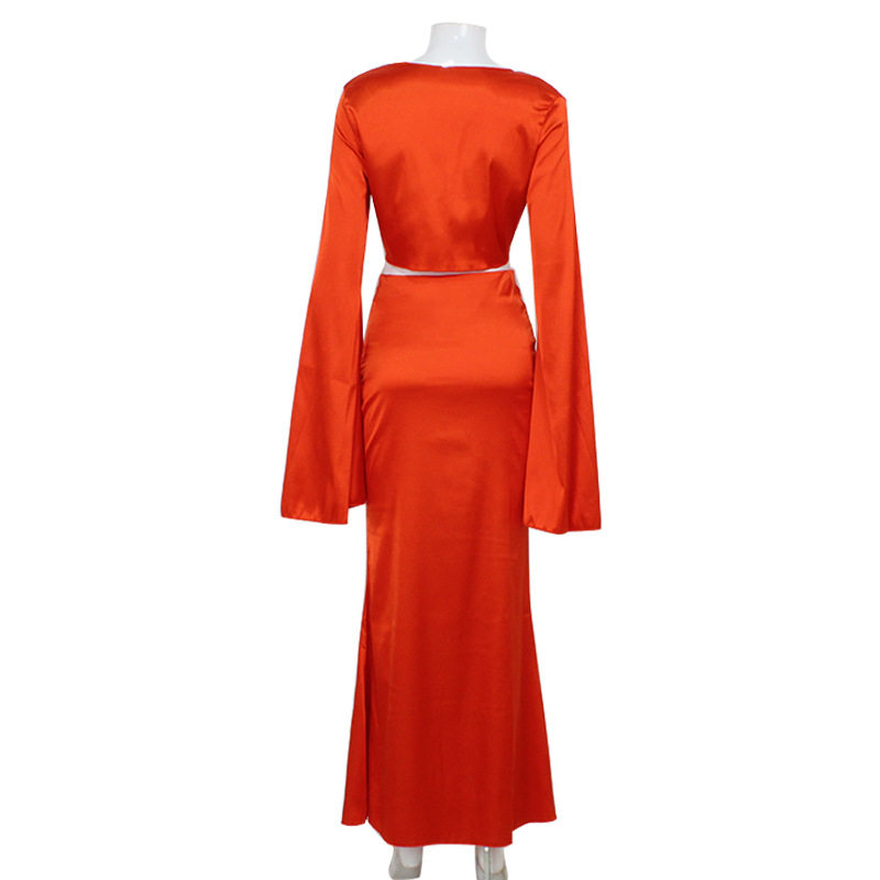 Fashionable Womens Long Sleeve V Neck Maxi Dress with Tie Detail Elegant Low Waist Design Perfect for Runway Events