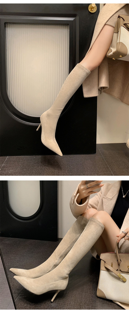 Boot nữ cổ cao qua gối gót nhọn cao 9cm chất liệu da lộn co giãn — Lớp lót đơn kaki ống ngắn, Lớp lót đơn màu đen ống ngắn, Lớp lót nhung đen ngắn, Lớp lót nhung kaki ngắn