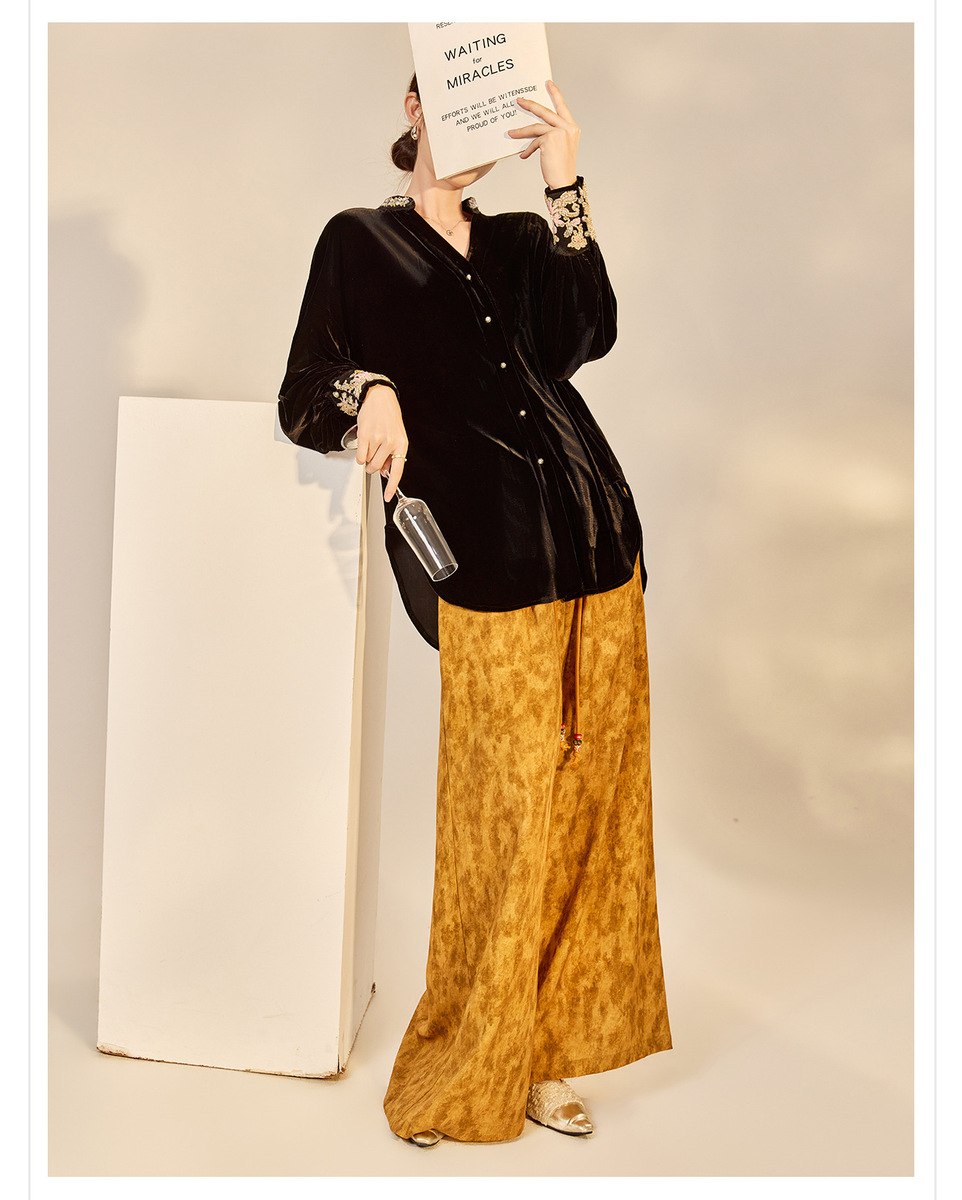 Quần ống rộng nữ họa tiết in hai mặt thắt lưng dây buộc phong cách nhẹ nhàng P9028 — Amber (7 ngày)