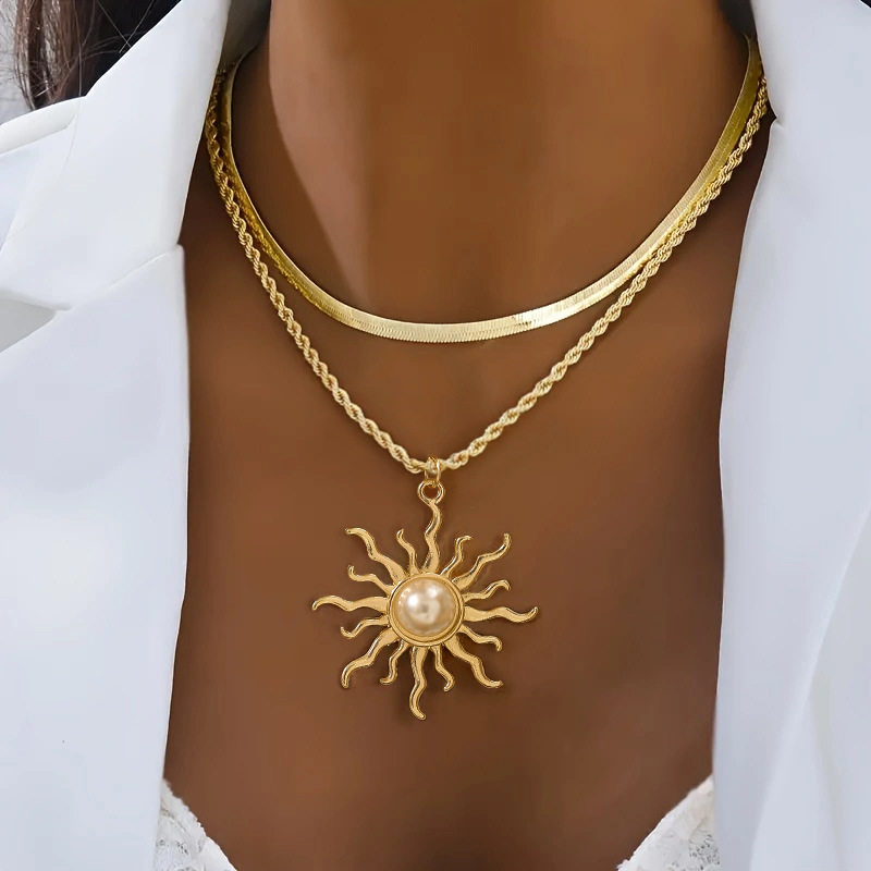sunflower necklace, retro large pearl pendant, fashionable and creative jewelry, multi-layered clavicle chain gift for women