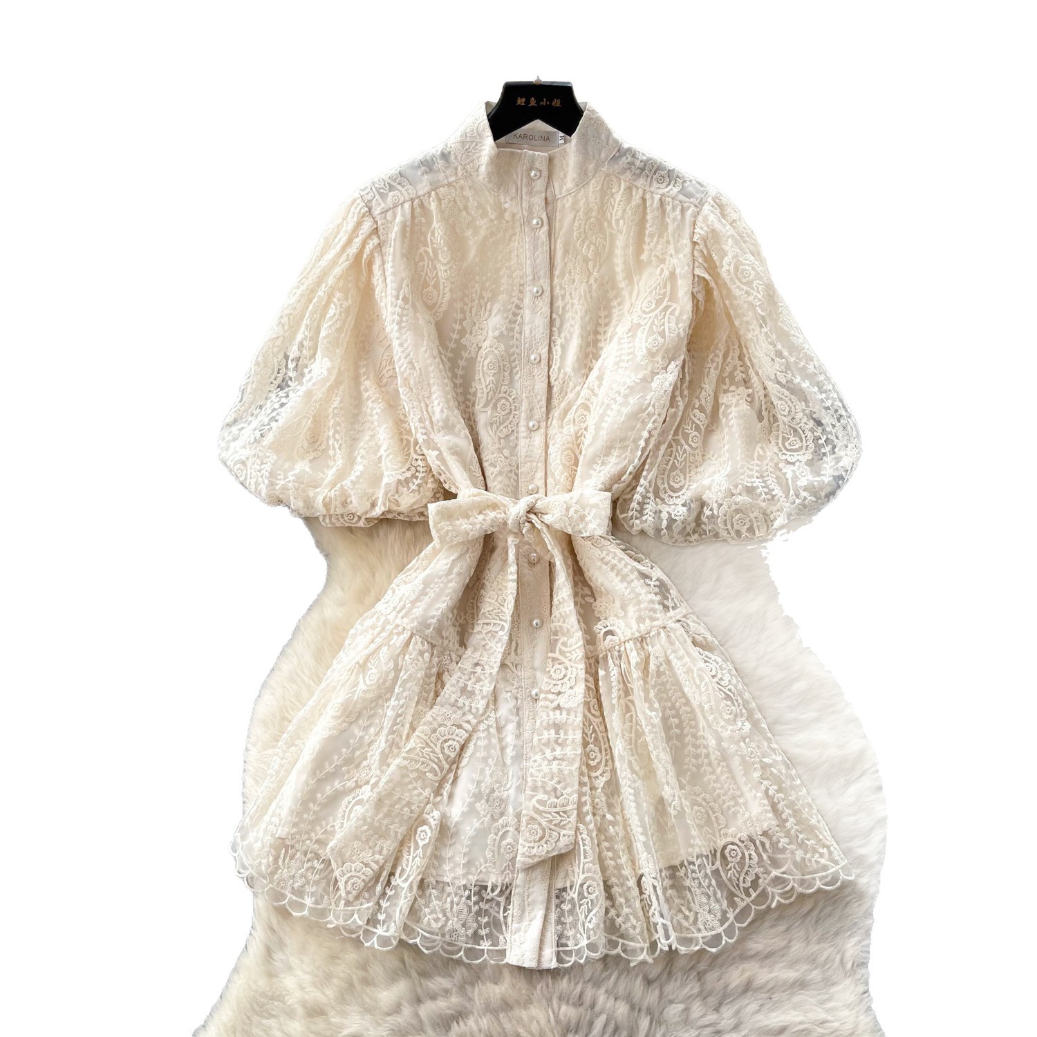 French Court Style Lantern Sleeve Lace Dress for Women V Neck Tie Waist A Line Silhouette Summer Elegant Occasion