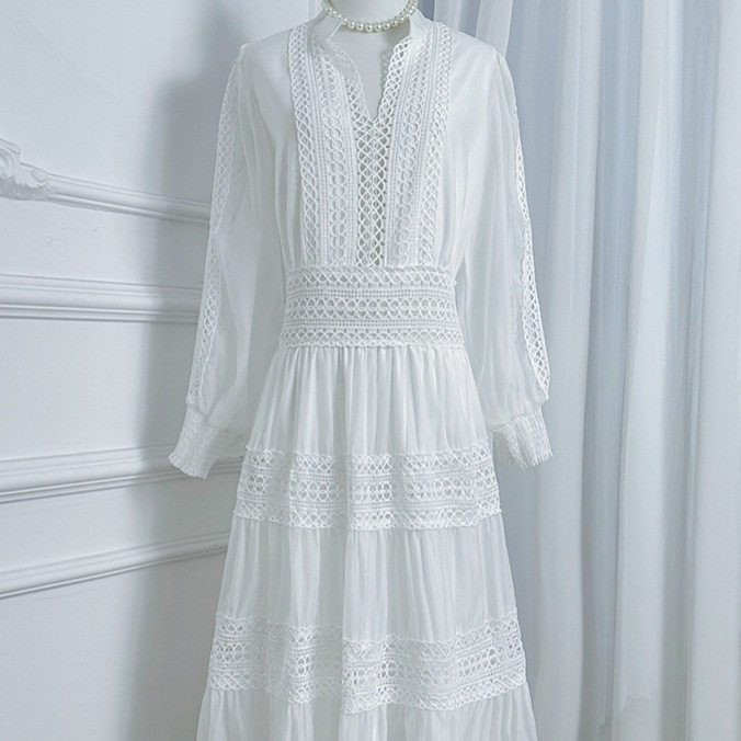 Elegant Womens Long Sleeve V Neck Dress French Lace Panel Ruffled Hem Waist Defined Autumn Fashion Wholesale