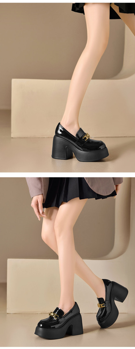 Giày lười nữ da bóng đế dày tăng chiều cao 10cm — màu đen, Màu trắng ngà