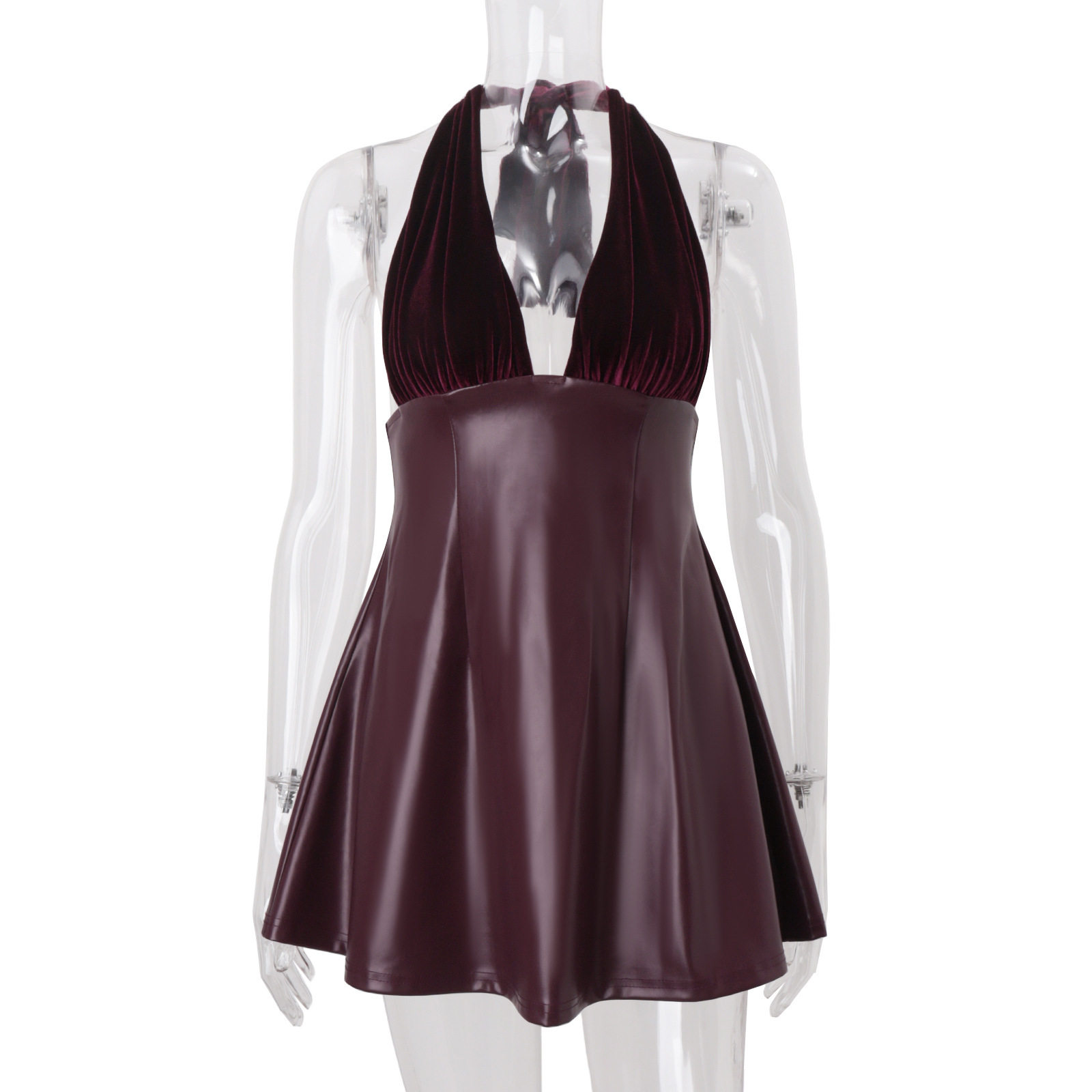 Sexy V Neck Backless PU Leather Spliced Dress Elegant Silhouette Autumn Fashion Perfect for Parties Wholesale