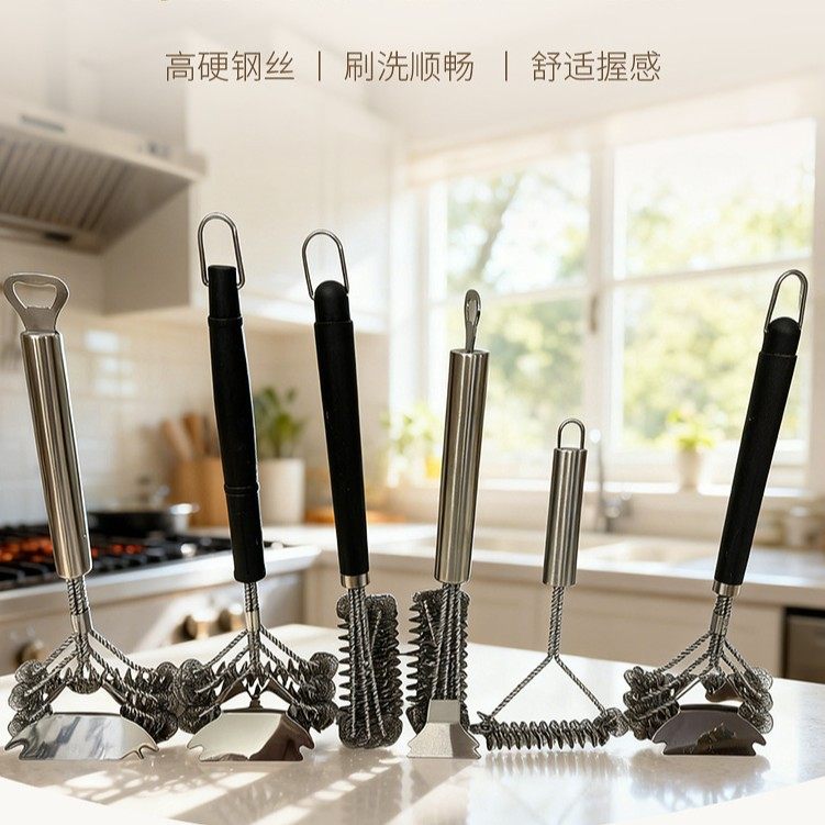 Cross-Border New Barbecue Tool Cleaning Brush Spring Brush Head Wire Brush Barbecue Grill Net Barbecue Grill Cleaning Brush