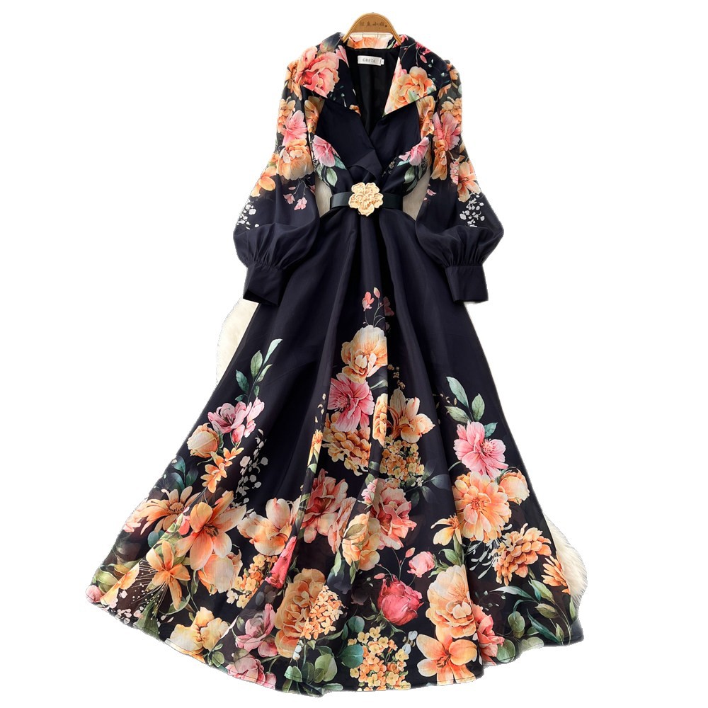 Vintage Elegant Floral Print Belted Dress Long Sleeve A Line Silhouette Waist Tie Office Wear Casual Outing
