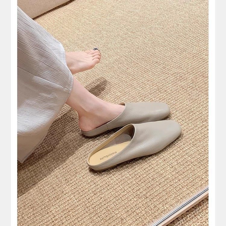 Grape Mom's Same Style Baotou Slip-On Soft Leather Comfortable Mule Half Slippers for Women 2025 Spring and Summer New Style