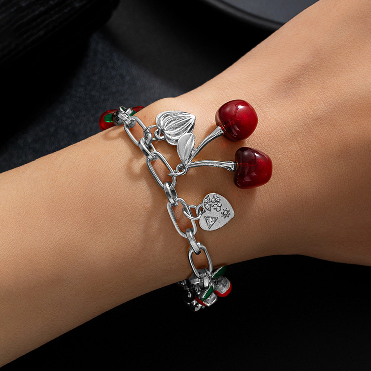 Fashion Personality Cherry Alloy Peach Heart Bow Pendant Adjustable Bracelet for Women Creative Versatile Jewelry Wholesale