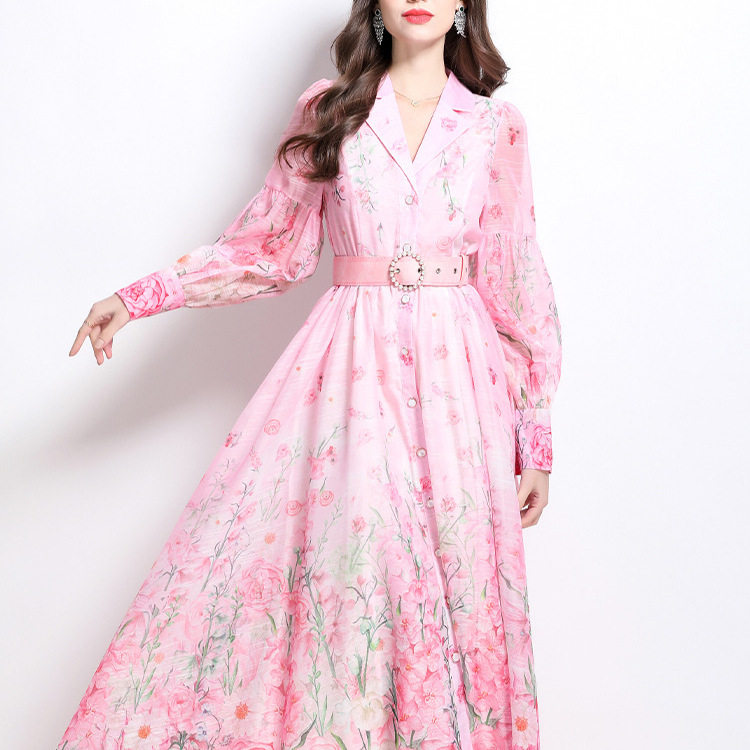 Elegant Womens Long Dress Spring Floral Print Waist Defined Lantern Sleeves Suit Collar Perfect for Formal