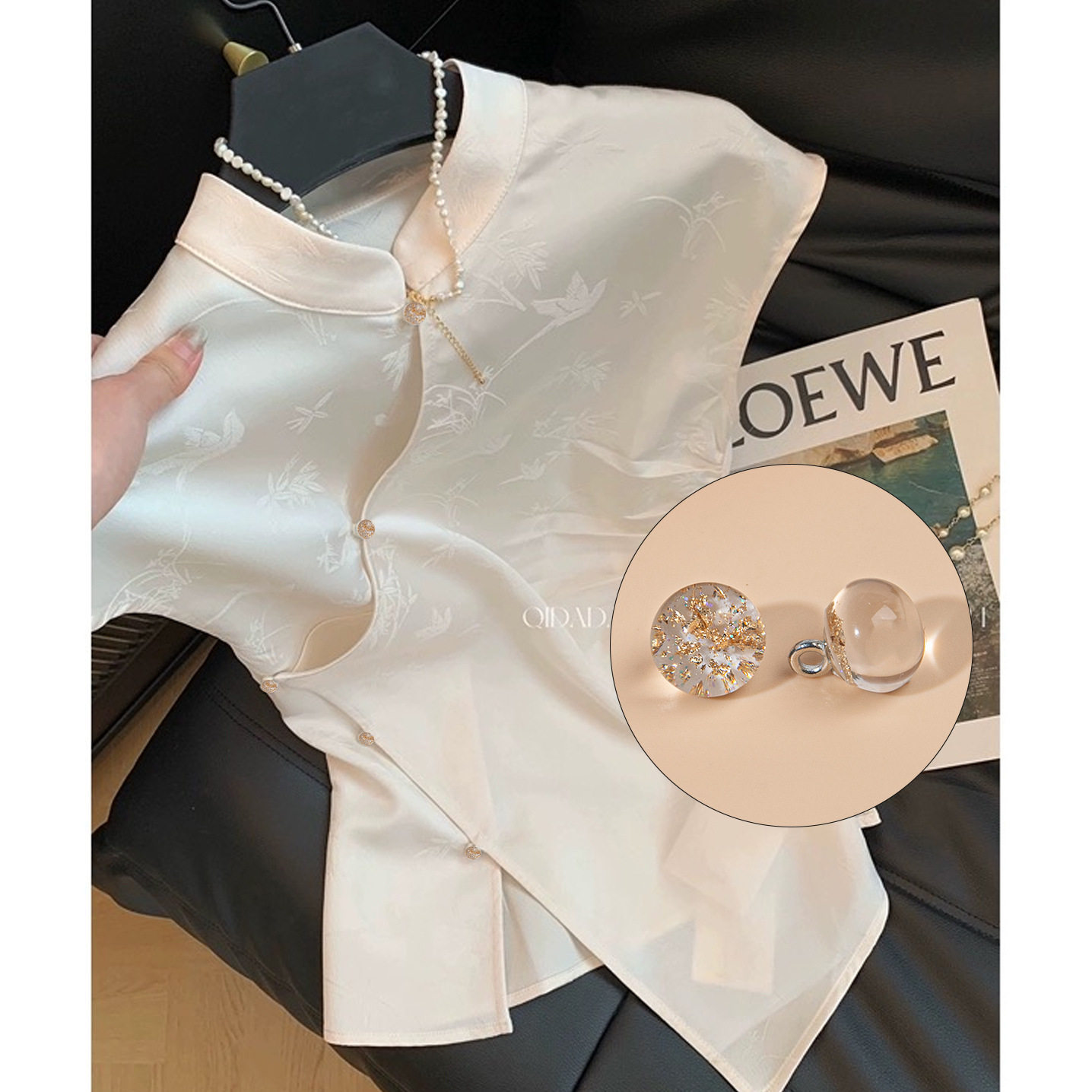 Cheongsam New Chinese High-end Exquisite Fashion Chinese Hanfu Gold Foil Pearl Button Shirt National Style Cheongsam Button