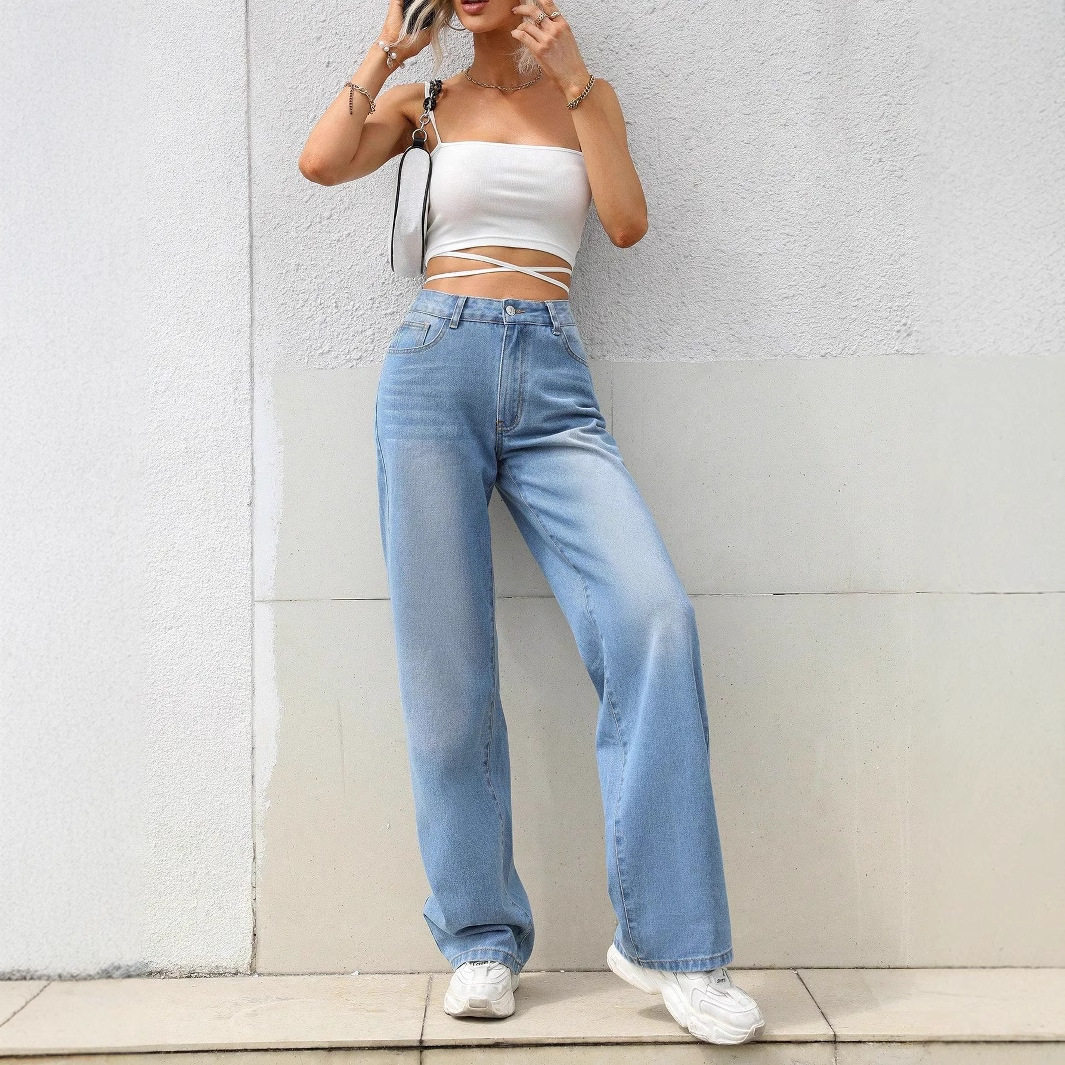 Vintage Wide Leg Denim Pants Loose Fit Retro Style High Waist Casual Wear for Women Wholesale Available