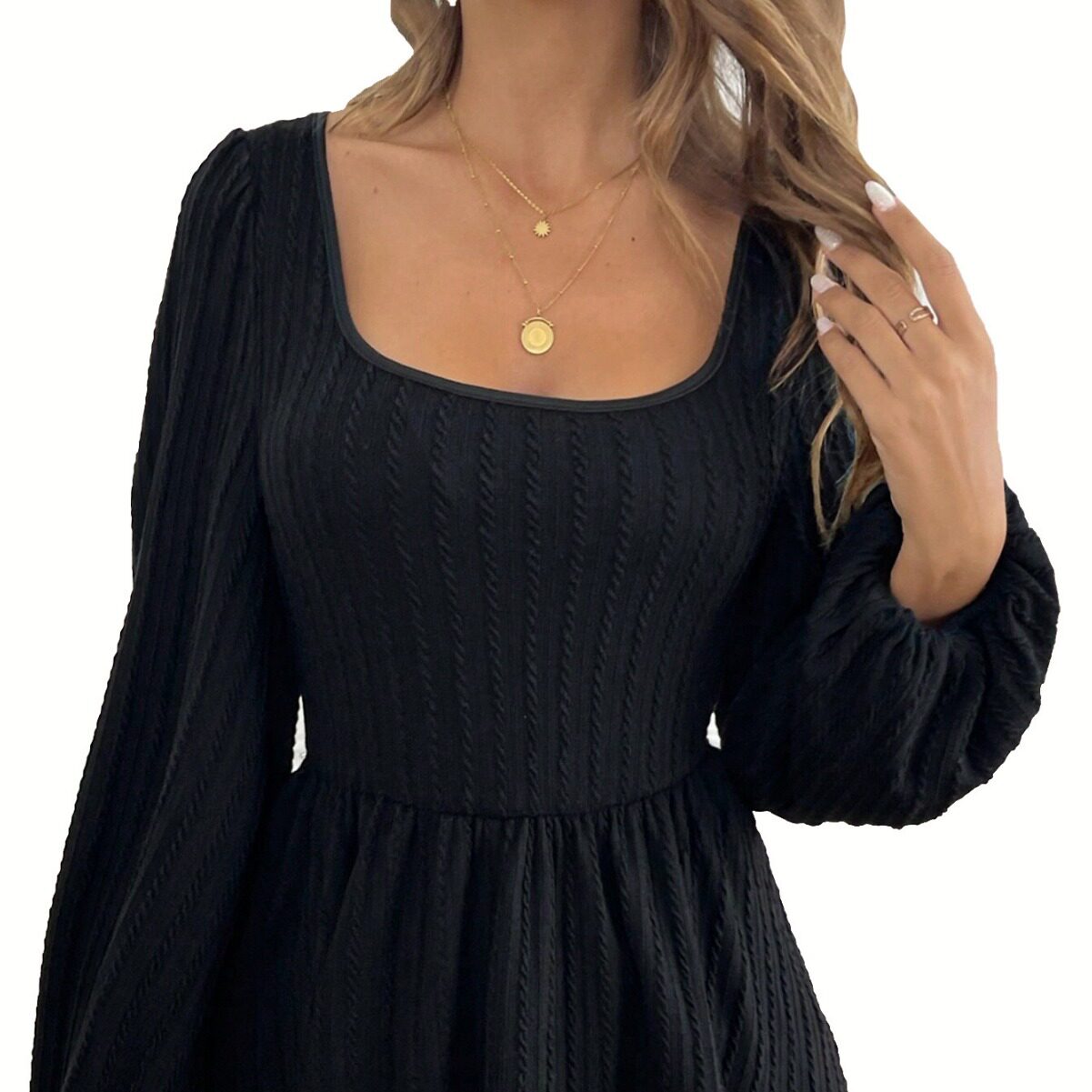 Womens Long Sleeve Top Sexy Square Neck Fitted Waist Textured Knit Casual or Evening Wear Wholesale Available