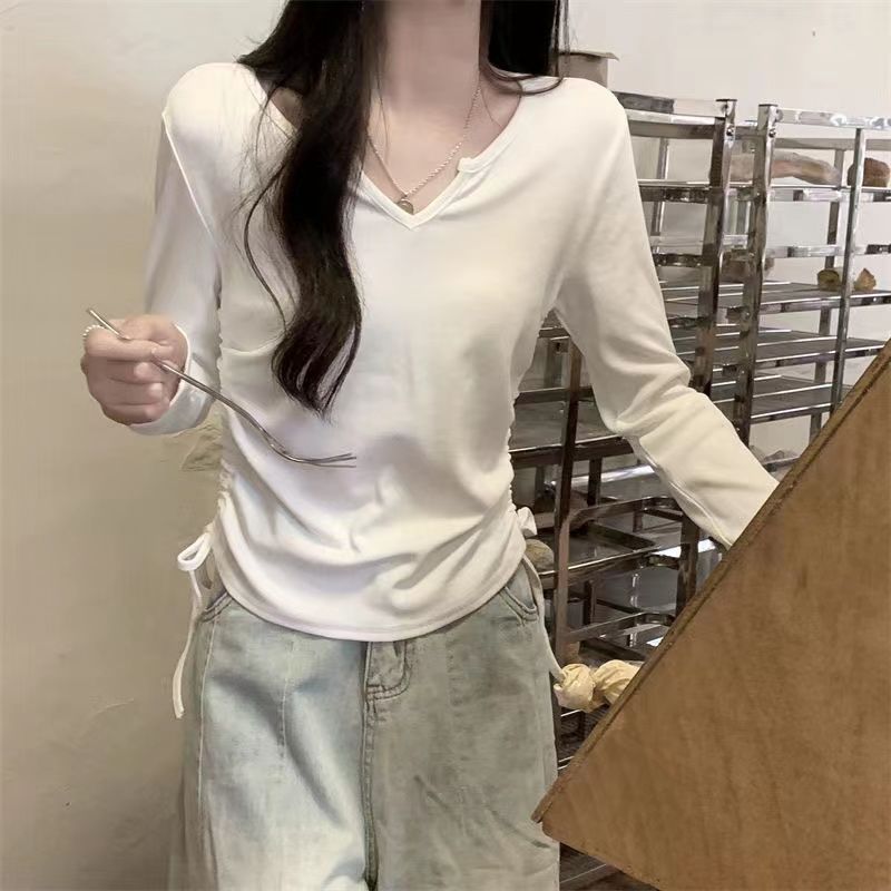 Womens Long Sleeve T Shirt V Neck Drawstring Versatile Chic Design Casual Layering Top for Spring and Autumn