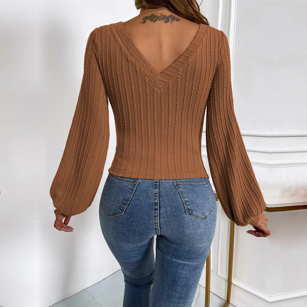 V Neck Puff Sleeve Knit Top Slim Fit Casual Style Elegant Design Perfect for Office Wear Wholesale Available