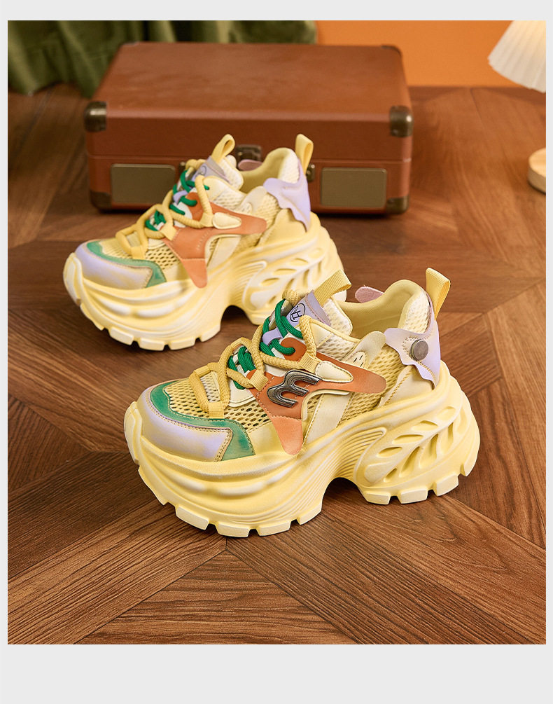 Giày sandal nữ cao gót mũi tròn quai ngang đế dày thoáng khí — Xám lưới đơn, Vàng lưới đơn, Hồng lưới đơn chi tiết 19