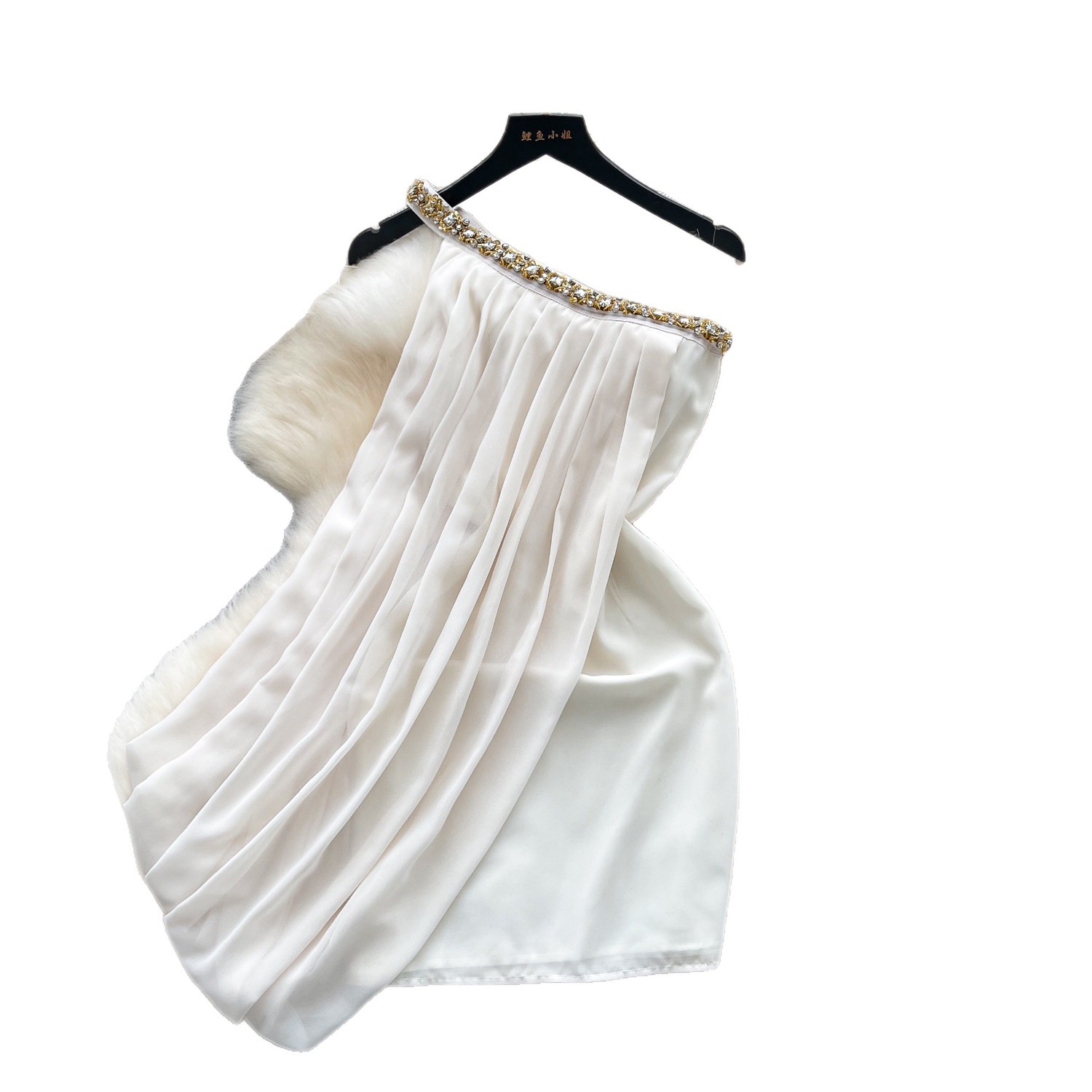 French Style Backless A Line Dress Rhinestone Embellished Asymmetrical Neckline Slim Fit Summer Vacation Wear