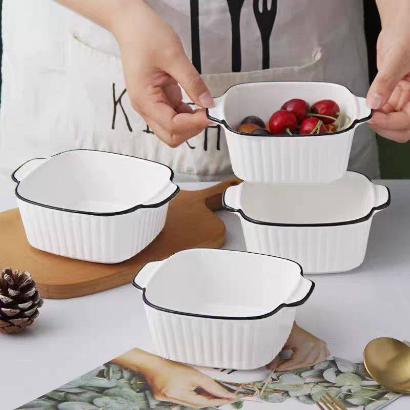 Scandinavian Style Household Black Line 5.75inch Double-Eared Vertical Pattern Square Bowls 4-Pack Dessert Oven Baked Steamed Egg Bowls