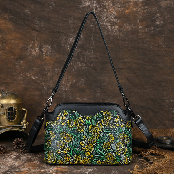 Túi Đeo Chéo Nữ Da Bò Dập Hoa Thủ Công Vintage Màu Đen, Xanh Lá, Vàng, Đỏ